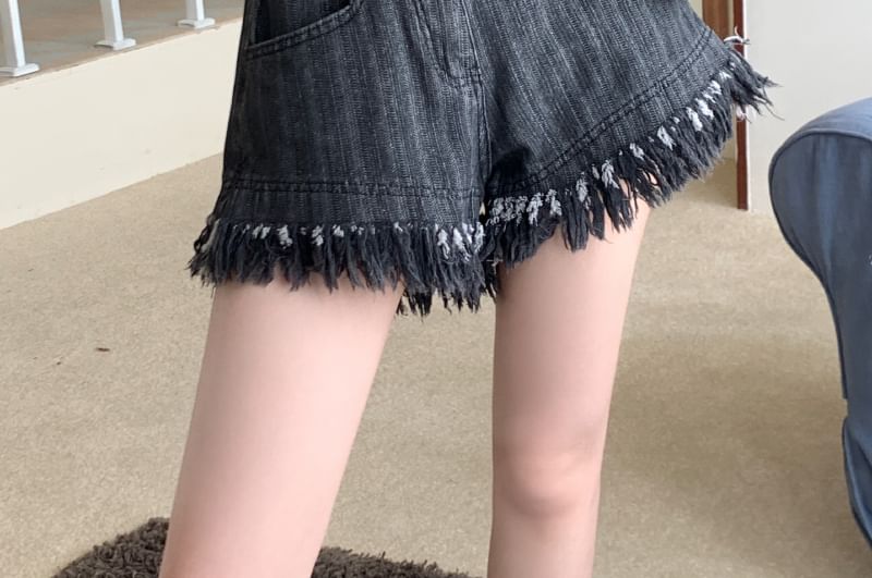 High Waist Washed Fringe Denim Shorts