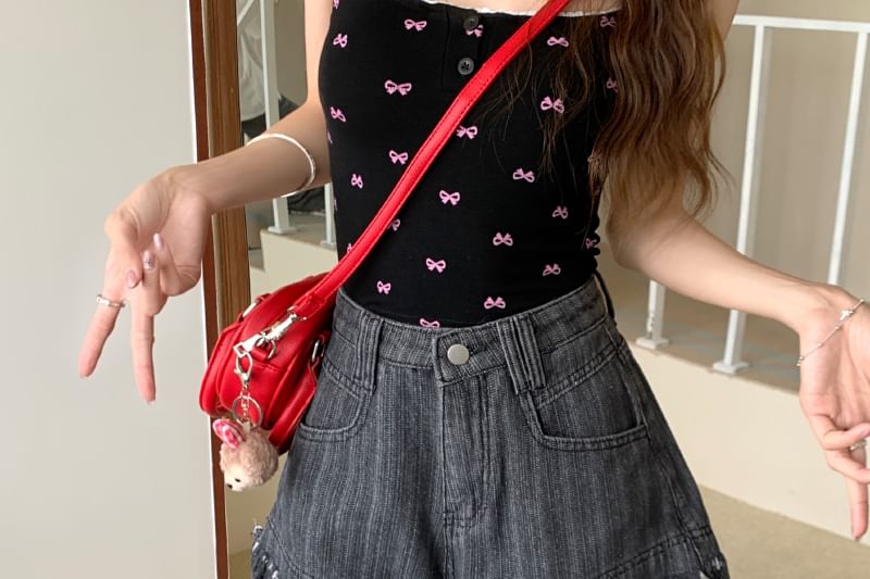 High Waist Washed Fringe Denim Shorts