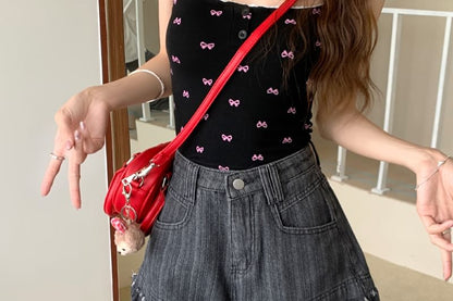 High Waist Washed Fringe Denim Shorts