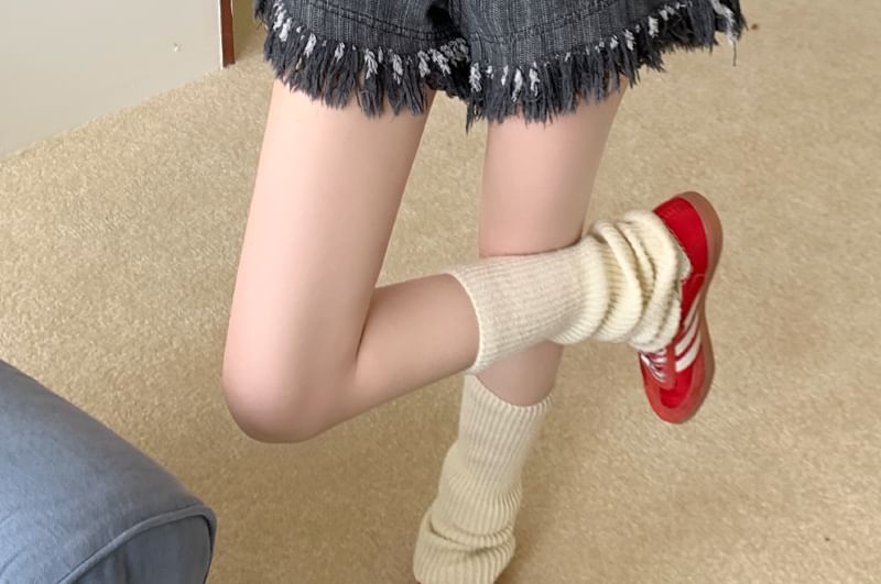 High Waist Washed Fringe Denim Shorts