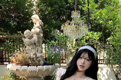 Sleeveless Square Neck Plain Ruffle Bow Panel Lace Blouse