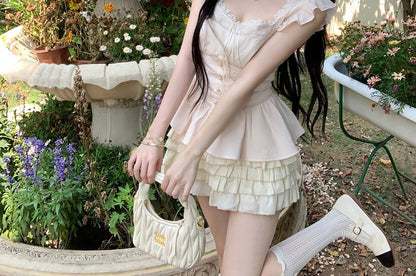 Sleeveless Square Neck Plain Ruffle Bow Panel Lace Blouse