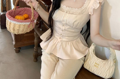 Sleeveless Square Neck Plain Ruffle Bow Panel Lace Blouse