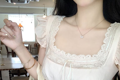 Sleeveless Square Neck Plain Ruffle Bow Panel Lace Blouse