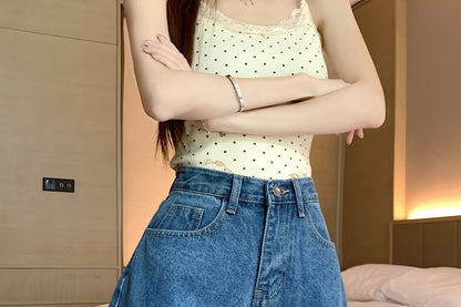 High Waist Dotted Washed Denim Shorts