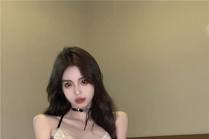 Bow Mesh Panel Lace Camisole Top