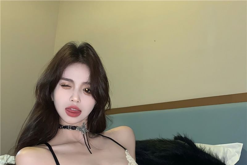 Bow Mesh Panel Lace Camisole Top