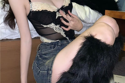 Bow Mesh Panel Lace Camisole Top