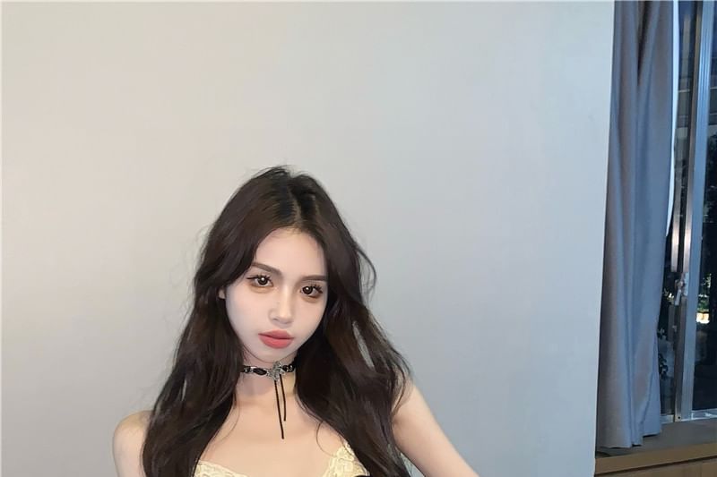 Bow Mesh Panel Lace Camisole Top