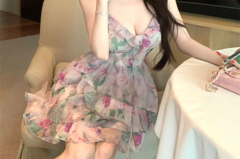 Sleeveless V-Neck Floral Print Ruffle Mini A-Line Dress