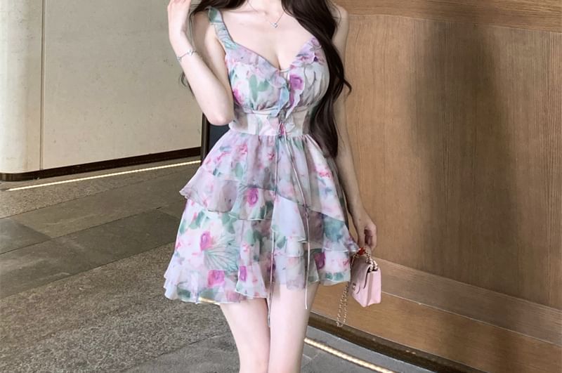 Sleeveless V-Neck Floral Print Ruffle Mini A-Line Dress