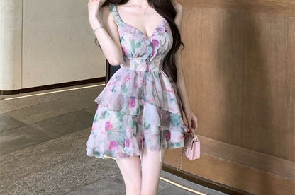 Sleeveless V-Neck Floral Print Ruffle Mini A-Line Dress