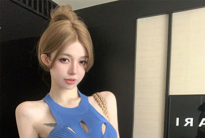 Halter Plain Cutout Slit Ribbed Knit Top