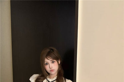 Cap Sleeve Stand Collar Bow Frill Blouse / High Waist Plain Shorts