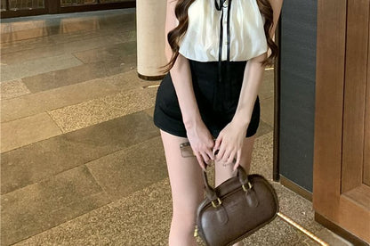 Cap Sleeve Stand Collar Bow Frill Blouse / High Waist Plain Shorts