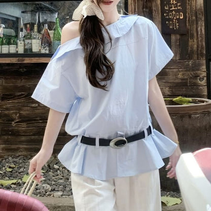 Set: Sleeveless One Shoulder Plain Blouse + Belt