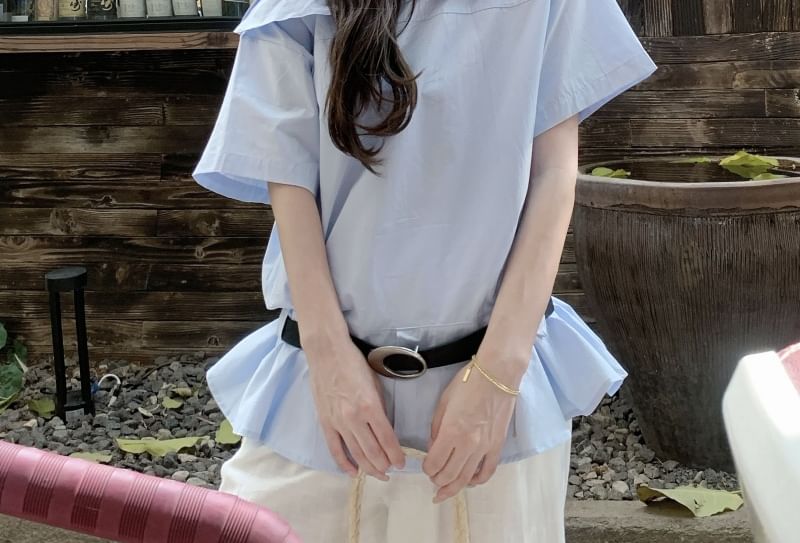 Set: Sleeveless One Shoulder Plain Blouse + Belt