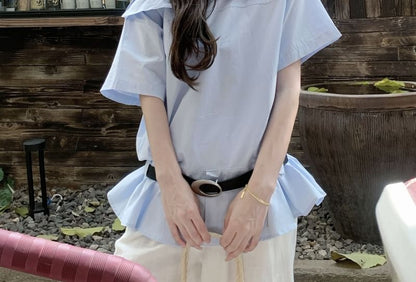 Set: Sleeveless One Shoulder Plain Blouse + Belt