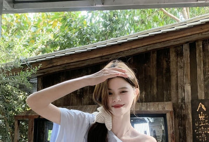 Set: Sleeveless One Shoulder Plain Blouse + Belt