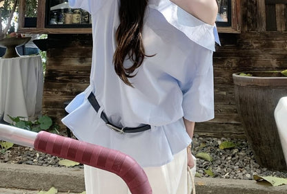 Set: Sleeveless One Shoulder Plain Blouse + Belt