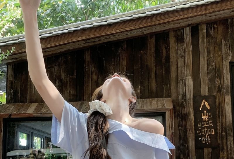 Set: Sleeveless One Shoulder Plain Blouse + Belt