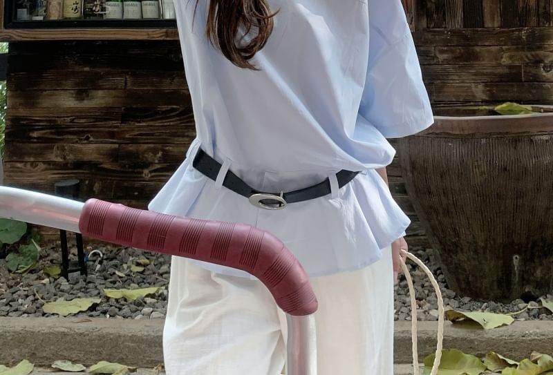 Set: Sleeveless One Shoulder Plain Blouse + Belt