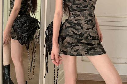 Spaghetti Strap Camouflage Mini Sheath Dress