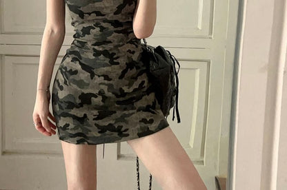 Spaghetti Strap Camouflage Mini Sheath Dress