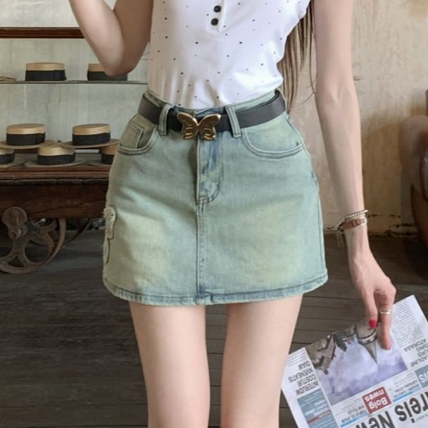 High Rise Butterfly Applique Washed Mini A-Line Denim Skirt