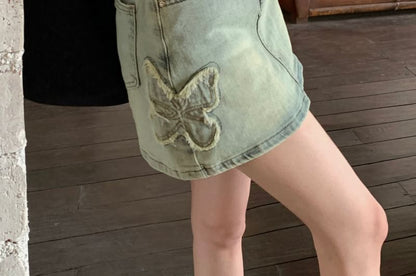 High Rise Butterfly Applique Washed Mini A-Line Denim Skirt