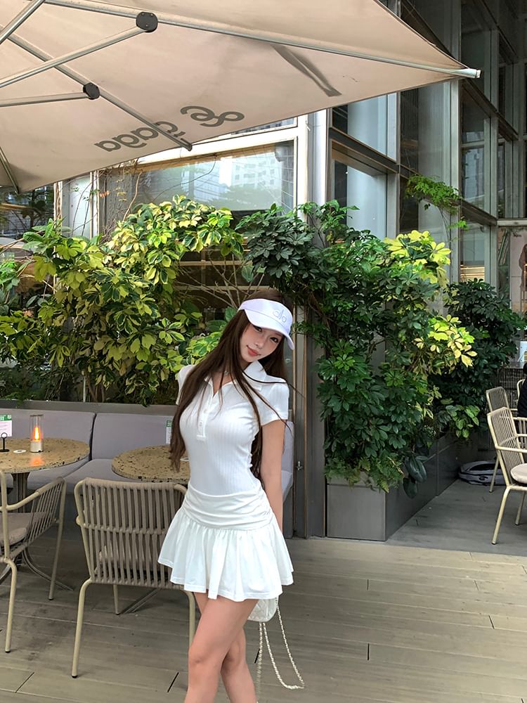 Short Sleeve Plain Ruched Mini A-Line Polo Dress