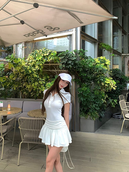 Short Sleeve Plain Ruched Mini A-Line Polo Dress