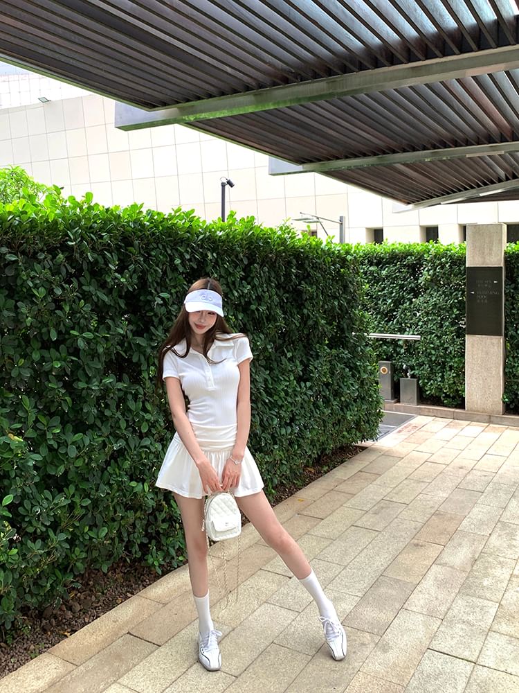 Short Sleeve Plain Ruched Mini A-Line Polo Dress