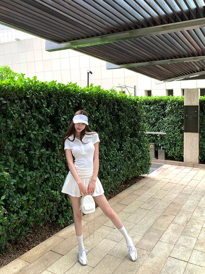 Short Sleeve Plain Ruched Mini A-Line Polo Dress