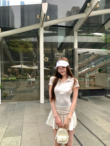 Short Sleeve Plain Ruched Mini A-Line Polo Dress