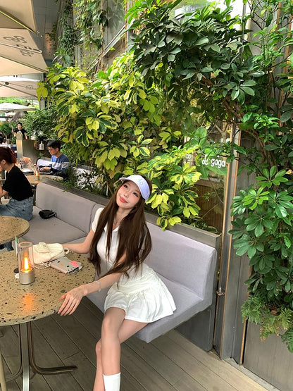 Short Sleeve Plain Ruched Mini A-Line Polo Dress