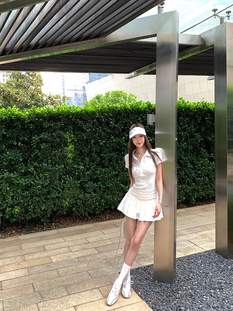 Short Sleeve Plain Ruched Mini A-Line Polo Dress