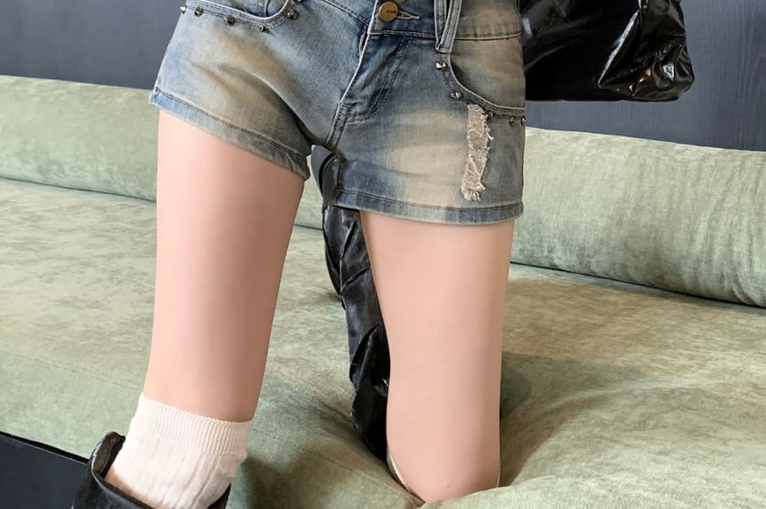Mid Rise Washed Studded Distressed Denim Shorts