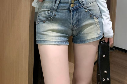 Mid Rise Washed Studded Distressed Denim Shorts