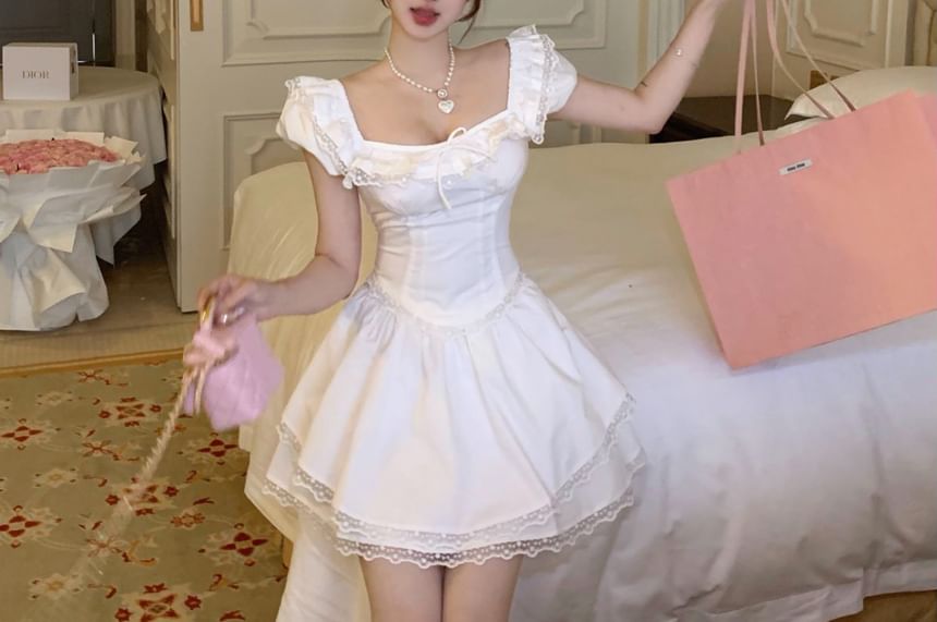 Cap Sleeve Square Neck Plain Bow Ruffle Lace Trim Blouse / High Waist Mini A-Line Skirt