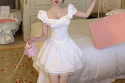 Cap Sleeve Square Neck Plain Bow Ruffle Lace Trim Blouse / High Waist Mini A-Line Skirt