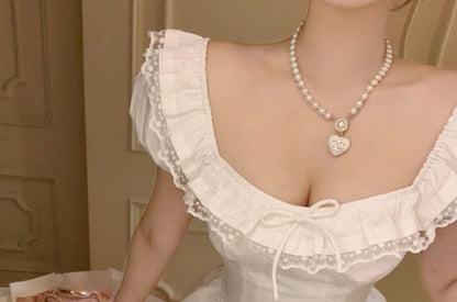 Cap Sleeve Square Neck Plain Bow Ruffle Lace Trim Blouse / High Waist Mini A-Line Skirt