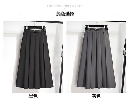High-Rise Solid Long Pleated A-Line Skirt