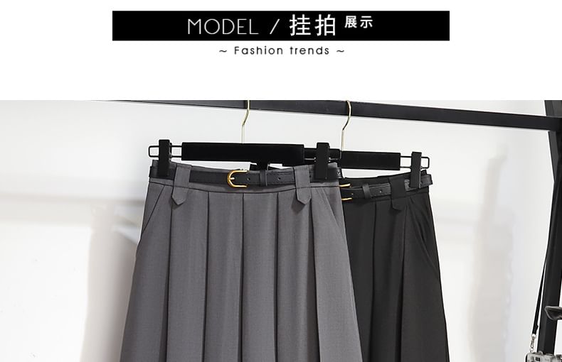 High-Rise Solid Long Pleated A-Line Skirt