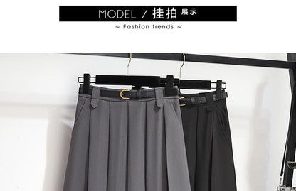 High-Rise Solid Long Pleated A-Line Skirt