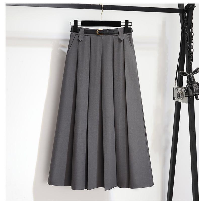 High-Rise Solid Long Pleated A-Line Skirt