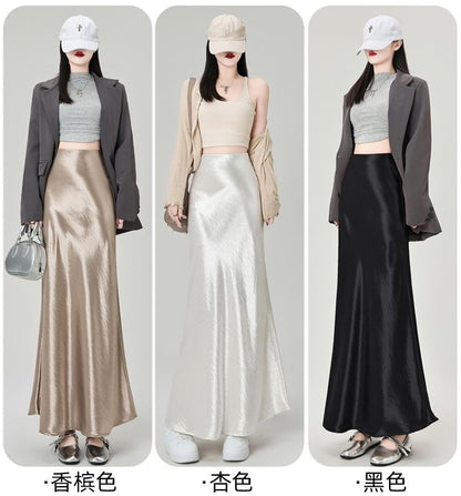 High-Rise Satin Solid Long Mermaid Skirt