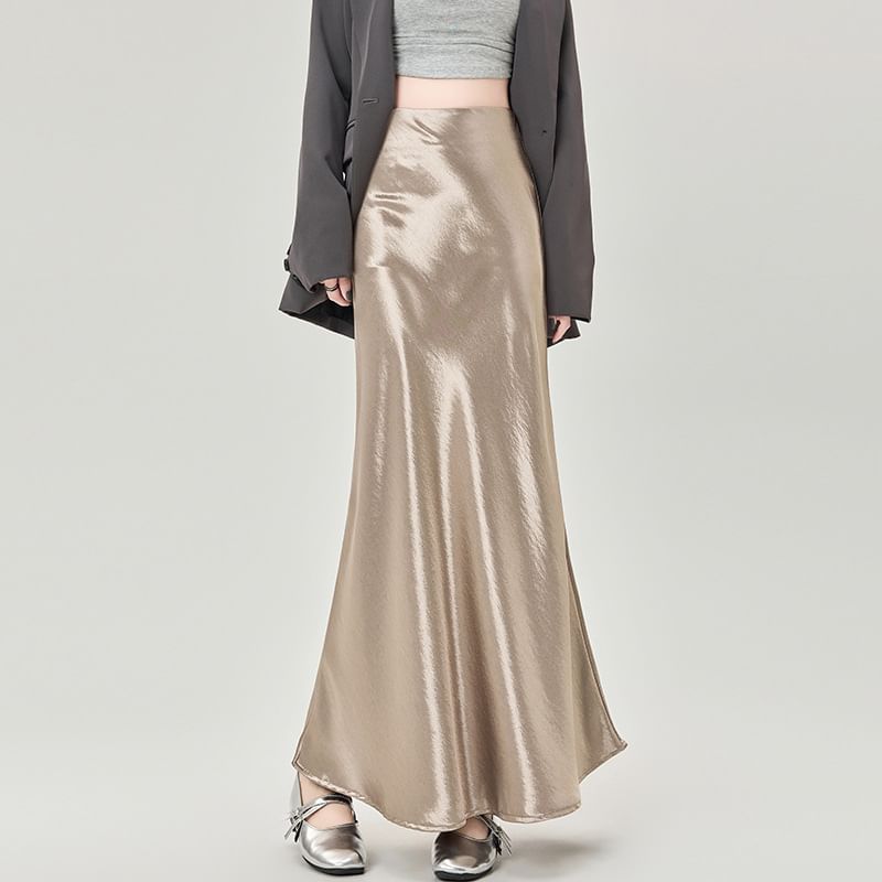 High-Rise Satin Solid Long Mermaid Skirt