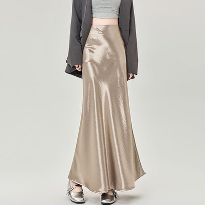 High-Rise Satin Solid Long Mermaid Skirt