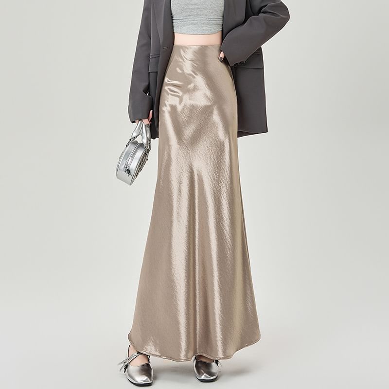 High-Rise Satin Solid Long Mermaid Skirt